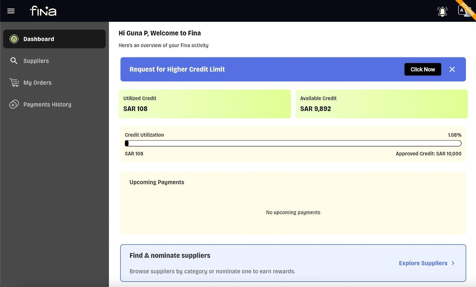 Fina buyer app - dashboard with Liquidity Boost balance and credit utilization