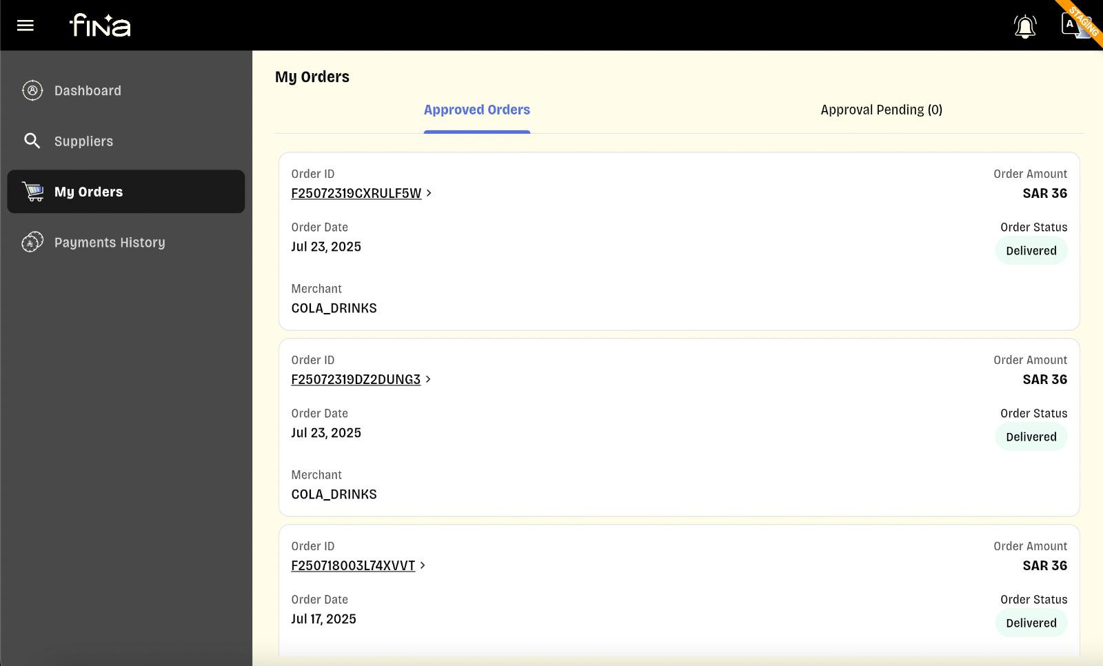 Fina buyer app - orders with statuses and amounts